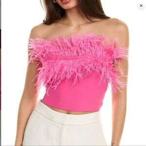 NWT STAUD Nellie Top Strapless Hot Pink Feather Trimmed Knit Crop Top Sz M WOW!